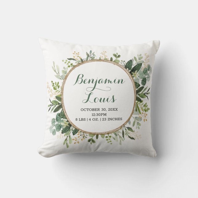 Modern Botanical Greenery Wreath Baby Birth Stats Throw Pillow (Front)