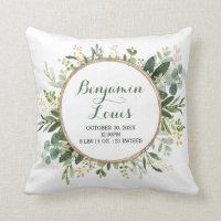 Modern Botanical Greenery Wreath Baby Birth Stats Throw Pillow