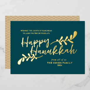 Modern Botanical Hand Lettered Happy Hanukkah Foil Holiday Card