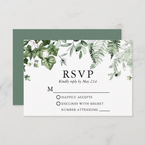 Modern Botanical Ivy Ferns Sage Green Wedding RSVP Card