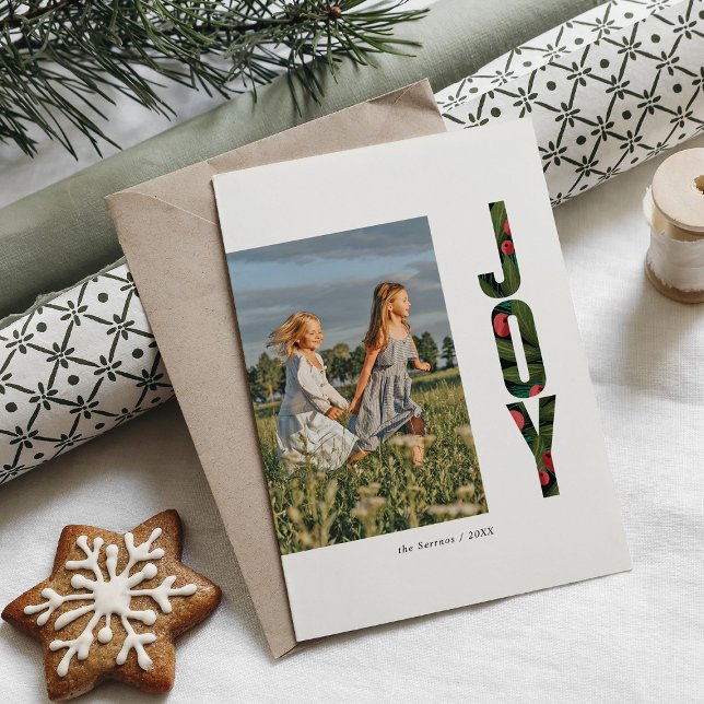 Modern Botanical Joy Red Green Holiday Photo Card (Creator Uploaded)