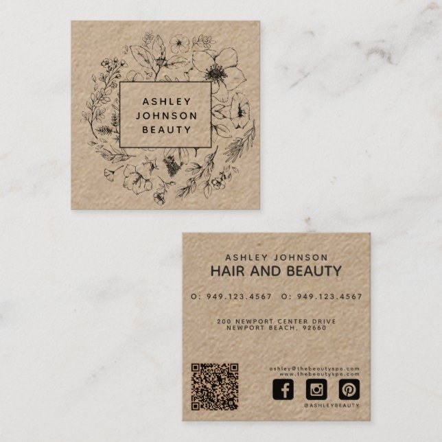 Modern Botanical Kraft and Black Floral Square Business Card (Front/Back)