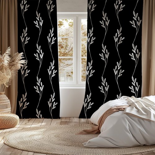 Modern Botanical Leaf Black and White Pattern Blackout Curtains