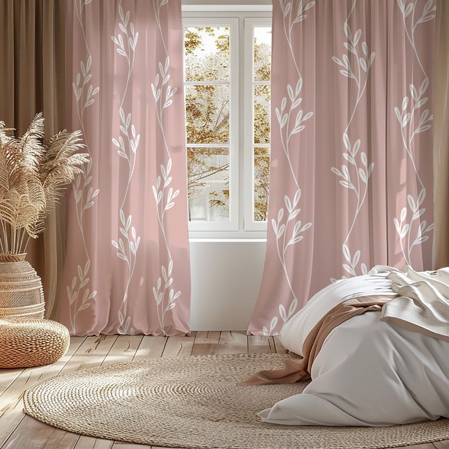 Modern Botanical Leaf Blush Pink White Pattern Sheer Curtains (Creator Uploaded)