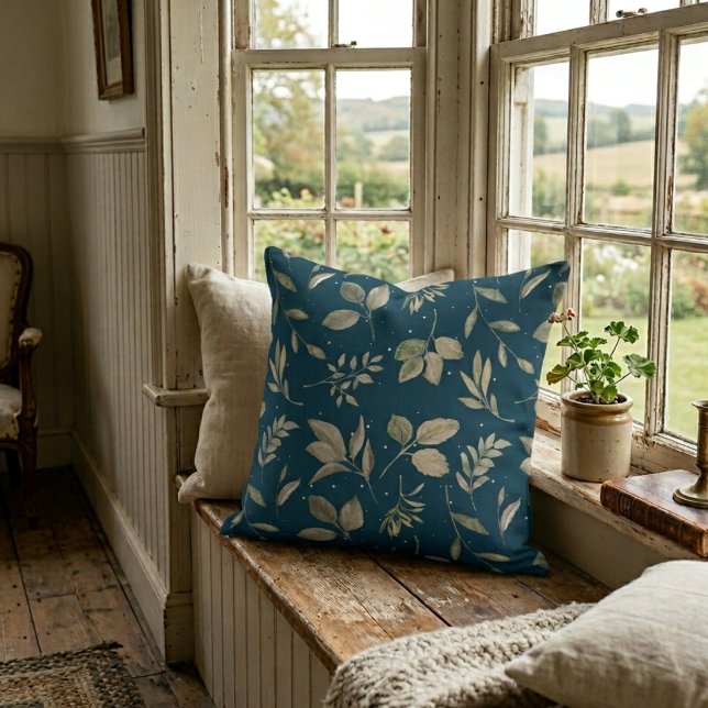 Modern Botanical Leaf Pattern Dark Ocean Blue Throw Pillow (Creator Uploaded)