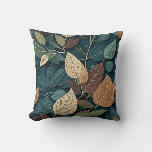 Modern Botanical Leaf Pattern in Earthy Teal  Throw Pillow (Front)