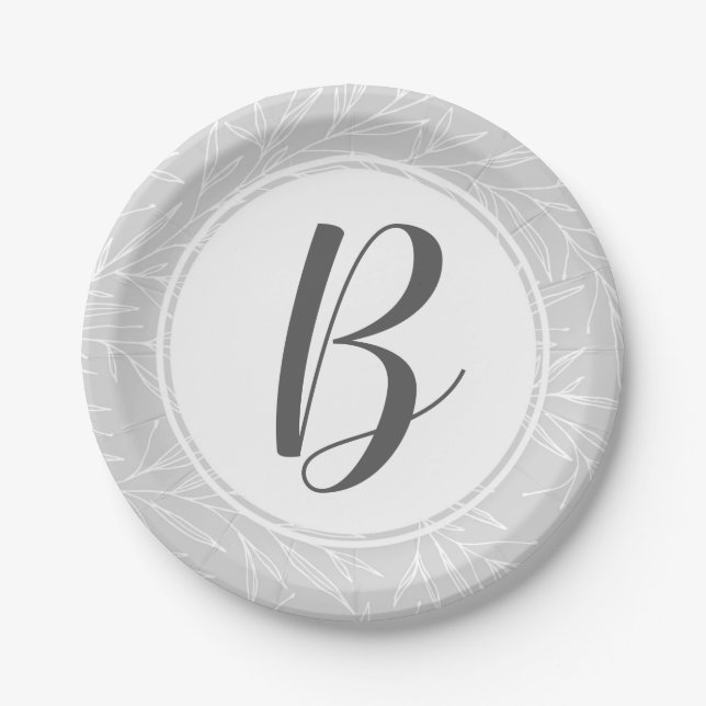 Modern Botanical Leaf Silver Monogram Wedding Paper Plates (Front)
