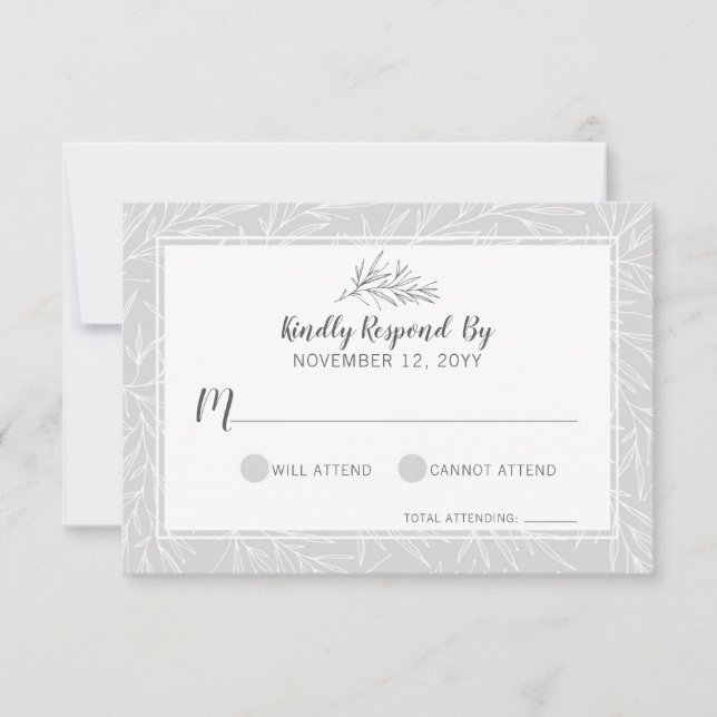 Modern Botanical Leaf Silver Wedding RSVP Card (Front)