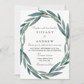 Modern Botanical Leaf Wreath Wedding Invitation