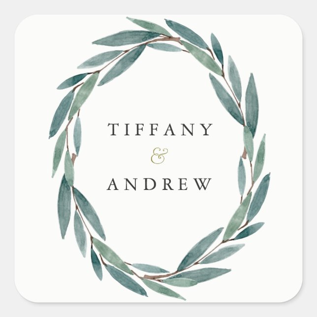 Modern Botanical Leaf Wreath Wedding Sticker (Front)
