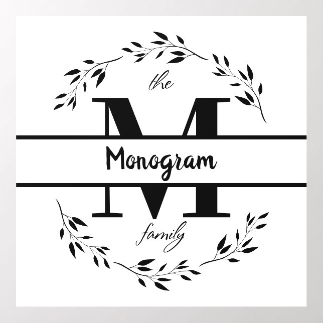 Modern botanical leaves family monogram wall decal  (Insitu 2)