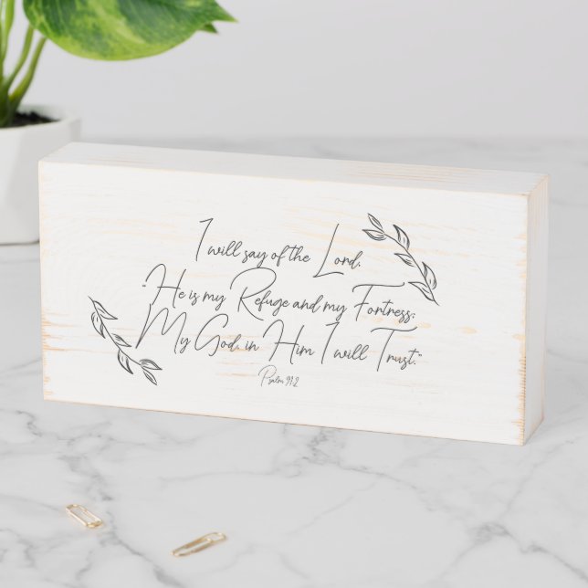 Modern Botanical Leaves Psalm 91 Christian  Wooden Box Sign (In Situ Horizontal)