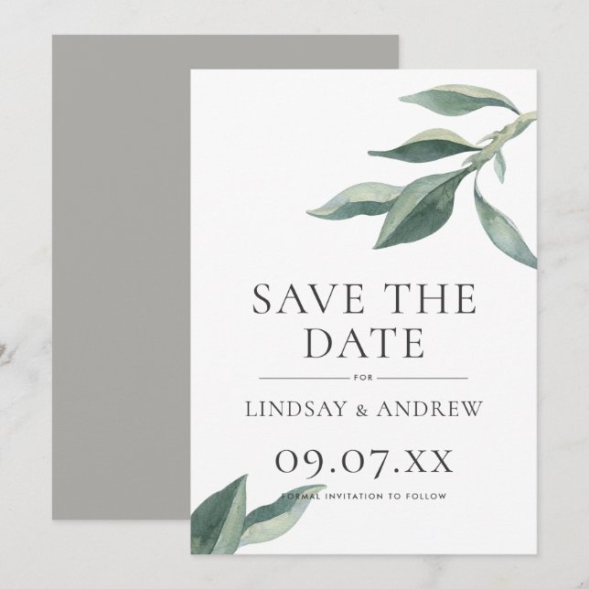 Modern Botanical Leaves Save the Date Announcement (Front/Back)