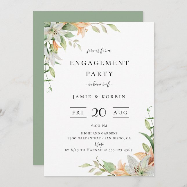 Modern Botanical Lily Floral Engagement Party Invitation (Front/Back)