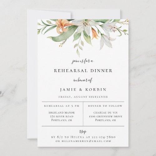 Modern Botanical Lily Floral Rehearsal Dinner Announcement
