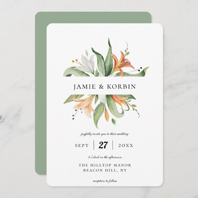 Modern Botanical Lily Floral Wedding Invitation (Front/Back)