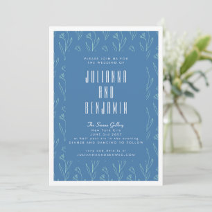 Modern Botanical Line Art Blue Floral Wedding Invitation
