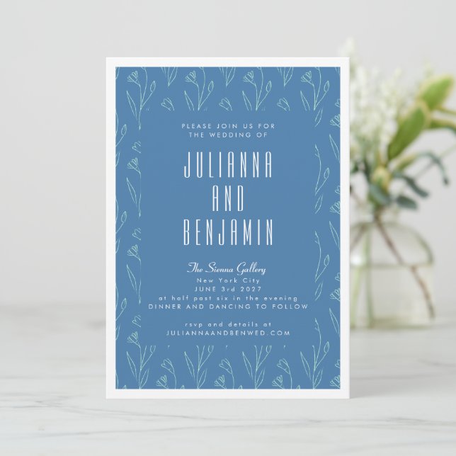Modern Botanical Line Art Blue Floral Wedding Invitation (Standing Front)
