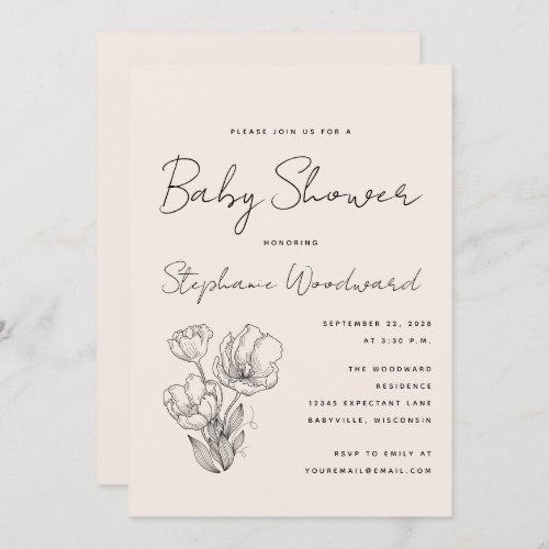 Modern Botanical Line Art Cream Baby Shower Invitation