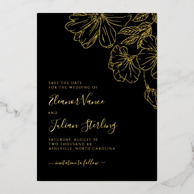 Modern Botanical Line Art Save The Date Foil Invitation (Front)
