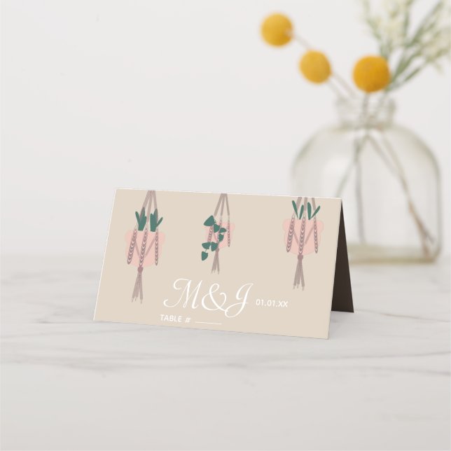 Modern Botanical Macrame Plants Hanging Wedding Place Card (Front)