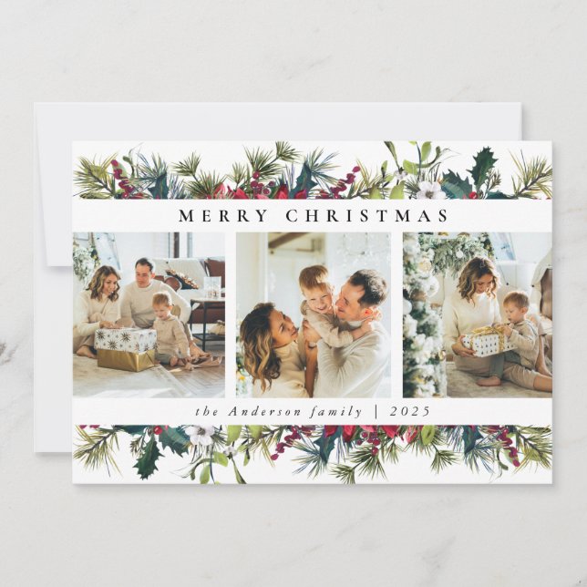 Modern Botanical Merry Christmas 3 Photo Collage Holiday Card (Front)
