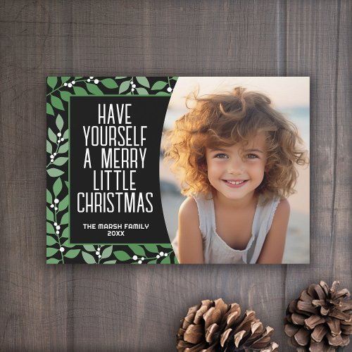 Modern Botanical Merry Christmas Photo black green Holiday Card