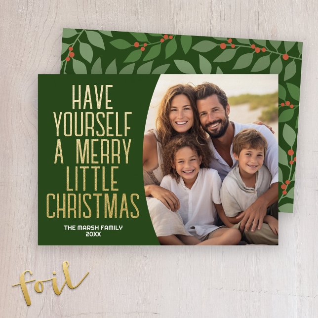 Modern Botanical Merry Christmas Photo - Olive Foil Holiday Card (A non-traditional Christmas card - 1 photo and botanical pattern. Deep olive and sage green.)