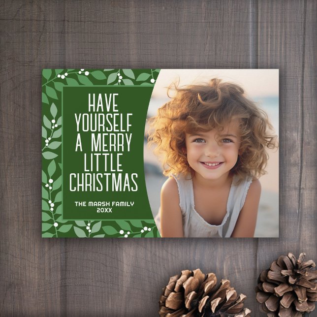 Modern Botanical Merry Christmas Photo - Olive Holiday Card (A berry botanical holiday card in shades of green leaves and white berries. 1 Photo)