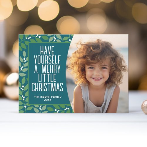 Modern Botanical Merry Christmas Photo _ Teal Holiday Card