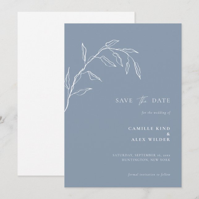 Modern Botanical Minimal Leaf Wedding Dusty Blue Save The Date (Front/Back)