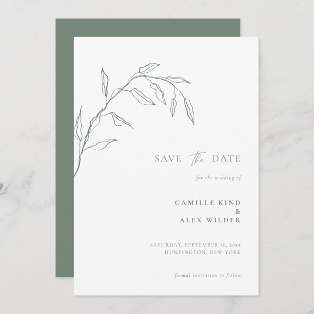 Modern Botanical Minimal Leaf Wedding Sage Save The Date (Front/Back)