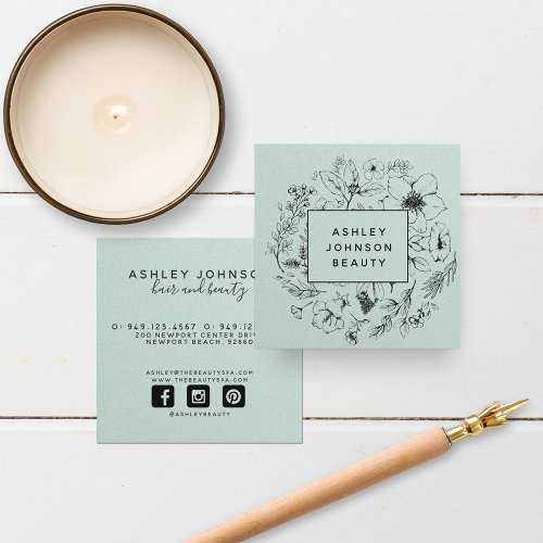 Modern Botanical Mint and Black Square Business Card