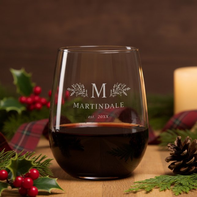 Modern Botanical Monogram Initial Name Stemless Wine Glass (Creator Uploaded)