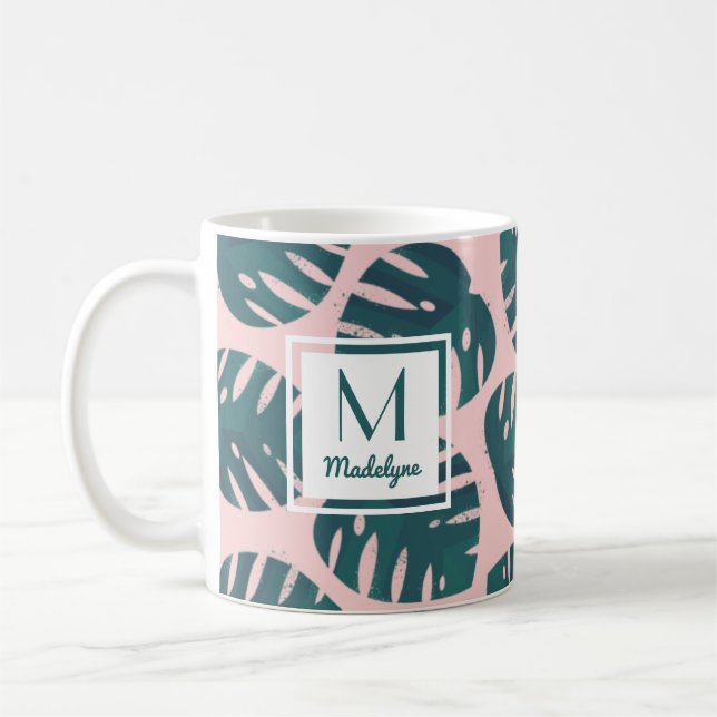 Modern Botanical Monstera Leaf Personalized Coffee Mug (Left)