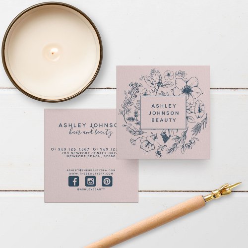 Modern Botanical Navy Blue  Blush Pink Square  Square Business Card