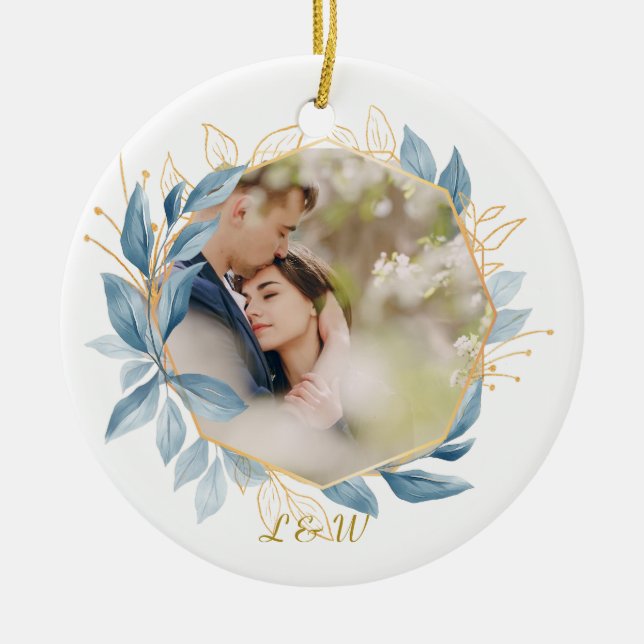 Modern Botanical Navy Blue First Christmas Couple Ceramic Ornament (Front)