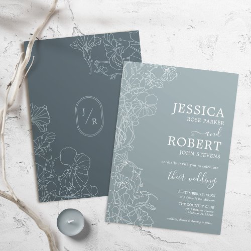 Modern Botanical Navy Grey Wedding Minimalist Invitation