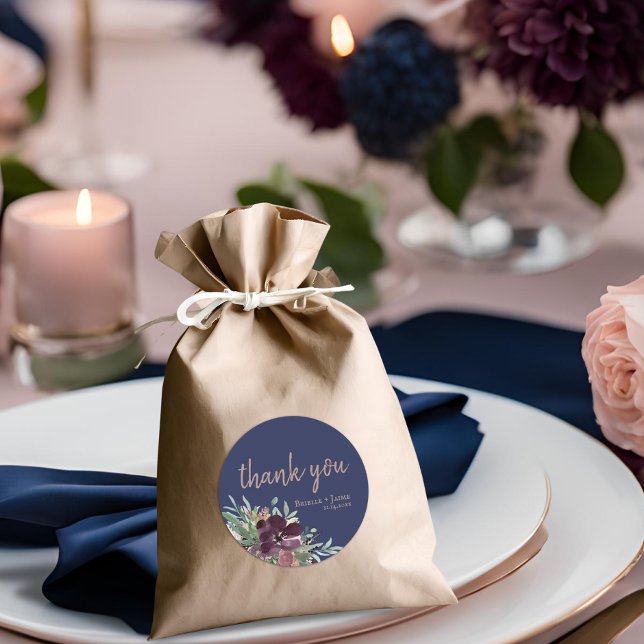 Modern Botanical Navy Rose Gold Wedding Favor Classic Round Sticker (Creator Uploaded)