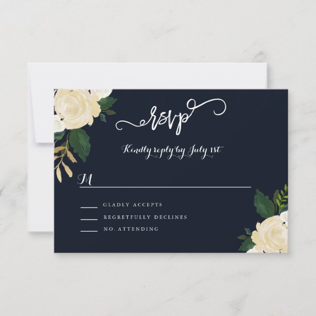 Modern Botanical Navy Wedding RSVP Card (Front)