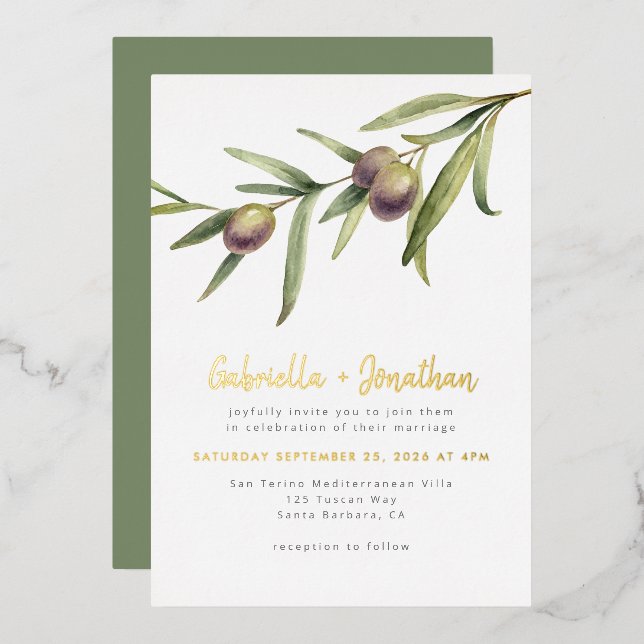 Modern Botanical Olive Branch Wedding Gold  Foil Invitation (Front/Back)