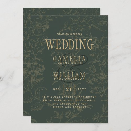 Modern BOTANICAL OLIVE Green Gold Wedding Invitation