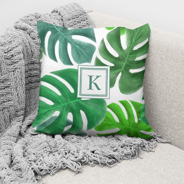 Modern Botanical Pal Leaves Monogram Throw Pillow (Creator Uploaded)