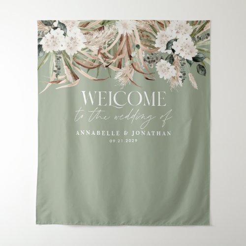 Modern botanical pampas eucalyptus wedding welcome tapestry