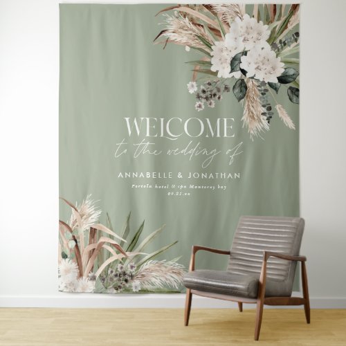 Modern botanical pampas eucalyptus wedding welcome tapestry