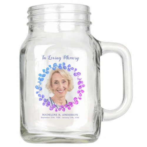 Modern Botanical Photo Memorial Share A Memory Mason Jar - Modern Eucalyptus Funeral Memorial Share A Memory keepsake mason jar. This elegant memorial keepsake jar features a blue purple pink eucalyptus greenery wreath in a modern design . "In Loving Memory" Personalize this memorial mason jar with your loved ones photo, name & dates, and sentiment. This memorial mason jar is perfect for your Share A Memory cards, will be a treasured keepsake, for funeral services, and celebration of life. COPYRIGHT © 2020 Judy Burrows, Black Dog Art - All Rights Reserved. Modern Botanical Photo Memorial Share A Memory Mason Jar