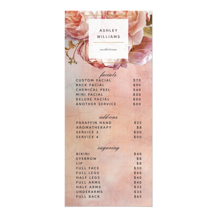 Modern Botanical Pink Rose Peony 3 Services Menu | Zazzle