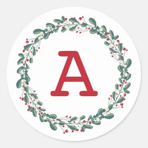 Modern Botanical Red Berry Christmas Monogram Classic Round Sticker