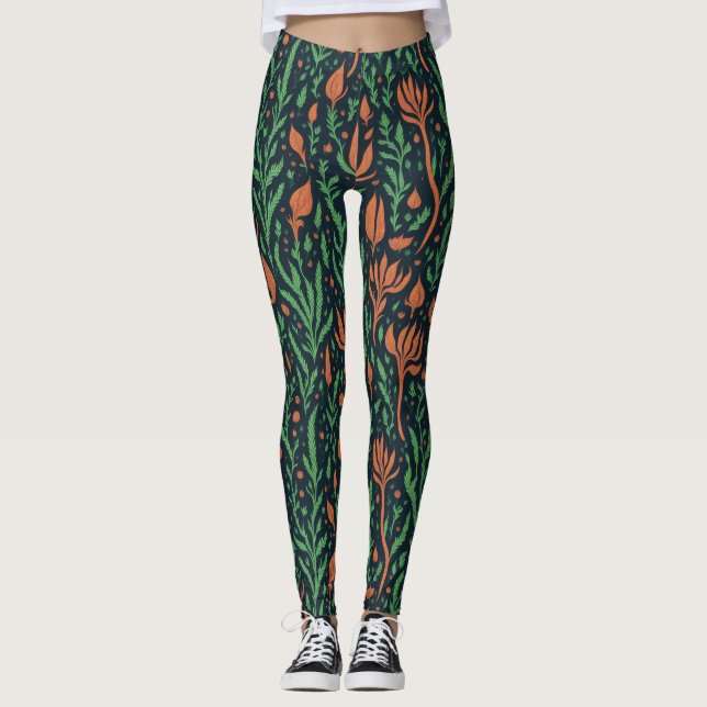 Modern Botanical Red Green Leaves Floral Pattern Leggings (Front)