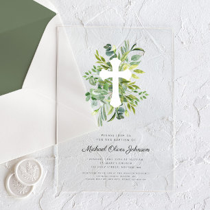 Modern Botanical Religious Cross Baptism Acrylic Invitations